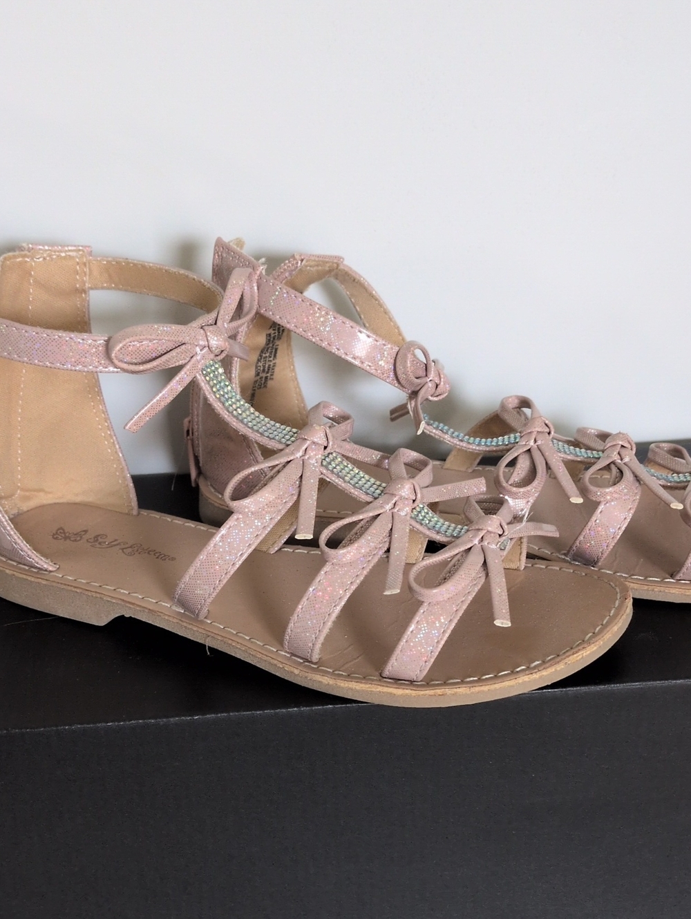 Sparkle Bow Strappy Sandals in Blush Pink